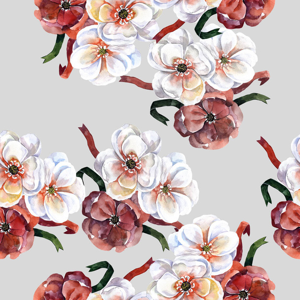 Aquarel bloeiende bloemen appel met lint op grijze achtergrond. Naadloos patroon met bloemige compositie voor decoraties textiel en papier. - Foto, afbeelding