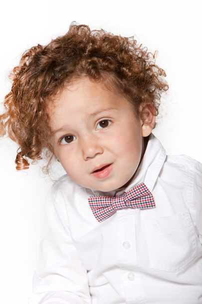 Cute Curly Baby Boy in White Long Sleeves - Foto, Imagen