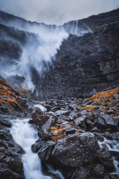Fossa Waterfall on island Bordoy. This is the highest waterfall in the Faroe Islands, situated in wild scandinavian scenery. November 2021 - Zdjęcie, obraz