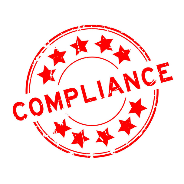 Grunge červené compliance slovo s ikonou hvězdy kulaté gumové těsnění razítko na bílém pozadí - Vektor, obrázek