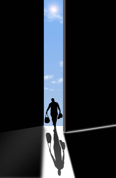 Een man met bagage loopt een open set grote deuren uit in een 3-d illustratie over weglopen en vertrekken. - Foto, afbeelding