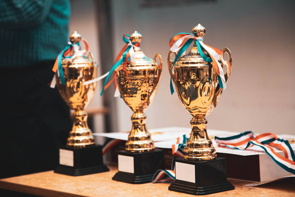 Tre coppe d'oro per premiare i vincitori sul tavolo - Foto, immagini
