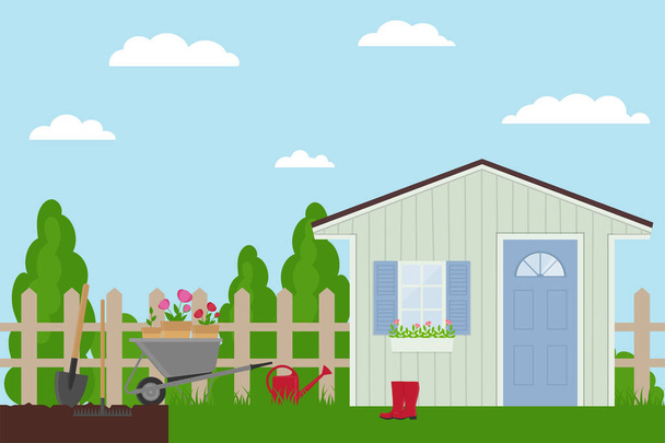 Tavaszi táj a kertben kerti házzal és szerszámokkal. Sablon banner, poszter, szórólap, kártya.  - Vektor, kép