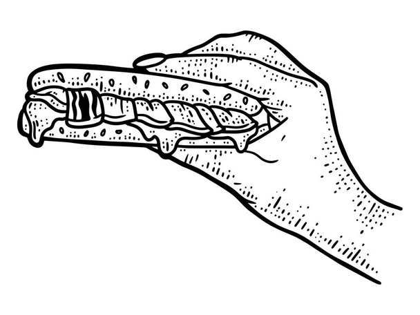 A mão está segurando sanduíche. Imagem de esboço de arte de linha. Desenhado à mão. - Foto, Imagem