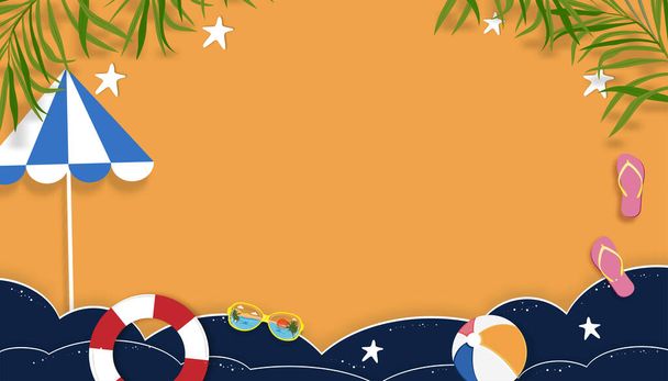 Fond d'été avec des vacances à la plage thème de vacances avec couche de vague rose et l'espace de copie, Vecteur Découpe de papier vue de dessus de conception d'été tropicale, feuilles de palmier et nuage sur fond de ciel orange - Vecteur, image
