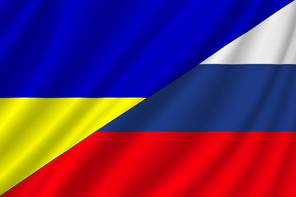 Conflict tussen Rusland en Oekraïne oorlogsconcept. Russische vlag en Oekraïense vlag achtergrond. Vlag met rimpels. Horizontaal ontwerp. Illustratie. Kaart. - Foto, afbeelding