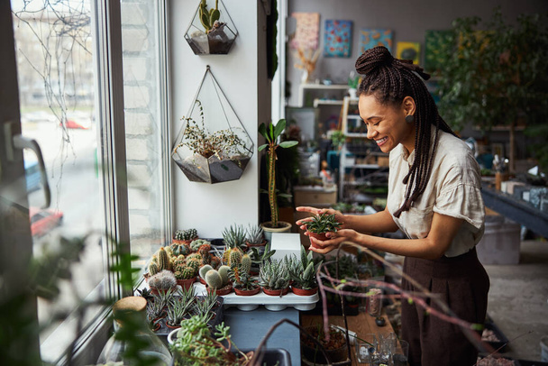 High-spirited florist looking at an exotic plant in her hands - Фото, изображение