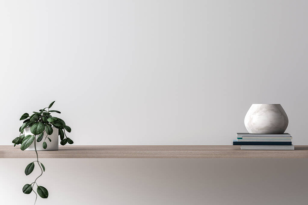 Innenwand-Attrappe im minimalistischen Stil mit nachhängender grüner Pflanze und Büchern, Dekoration auf hölzernem Regal auf leerem weißen Wandhintergrund. Nahaufnahme, 3D-Rendering, 3D-Illustration - Foto, Bild