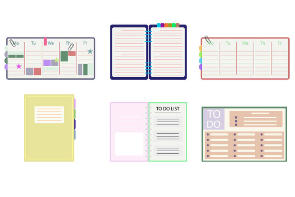 Collection of planner notepads and diary for notes. school timetable, white background, weekly planned, vector illustration, scrapbook desinged, minimalistic notebook, organized environment - Vector, Image