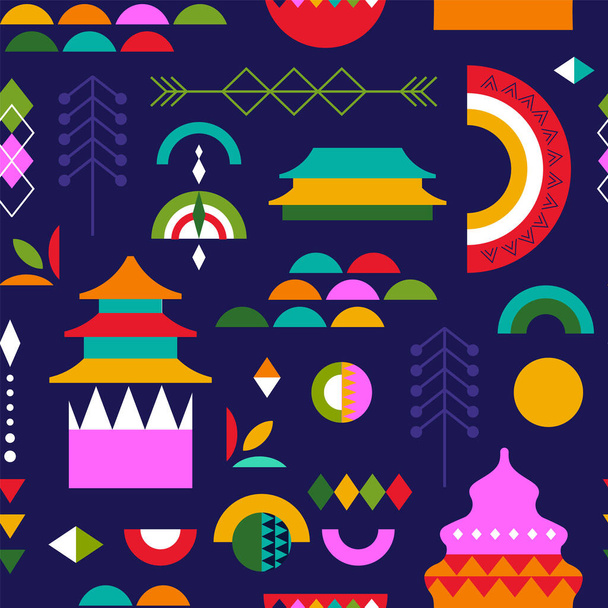 Chinese New Year seamless pattern illustration in modern geometric shape style. Colorful folk art asian background with traditional architecture and scandinavian symbol. - Vektori, kuva