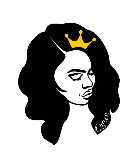 Negro Afro chica americana mujer hermosa señora cabeza cara perfil vector silueta dibujo, ondas rizadas pelo, coronas de color amarillo dorado.Queen.Plotter corte láser. Vinilo etiqueta de la pared. Corte DIY - Vector, imagen