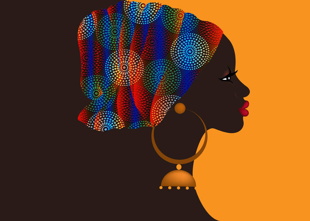 Afro hairstyle, beautiful portrait African woman in wax print fabric turban, ethnic tribal colorful head wrap for afro curly hair, banner template, vector isolated on orange background - Vector, Image