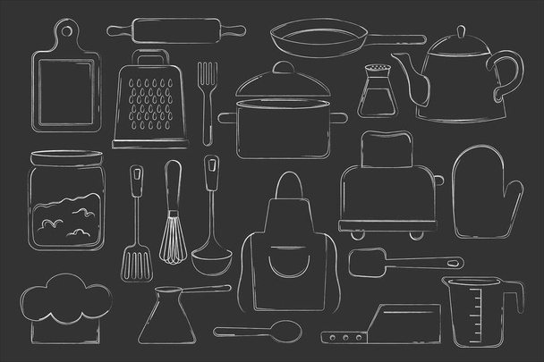 チャークボードの背景ベクトルのイラストのキッチンウェア。黒と白のスケッチスタイルのキッチン用品アイコン. - ベクター画像