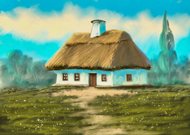 Casa velha ucraniana no céu. Pinturas a óleo paisagem rural. - Foto, Imagem