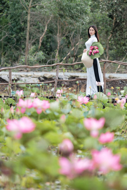 Portret van mooie Vietnamese vrouw met traditionele Vietnam hoed houden de roze Lotus wandelen op de houten brug in Big Lotus Lake, Vietnam, Aziatisch of Zuidoost-Azië reizen concept - Foto, afbeelding