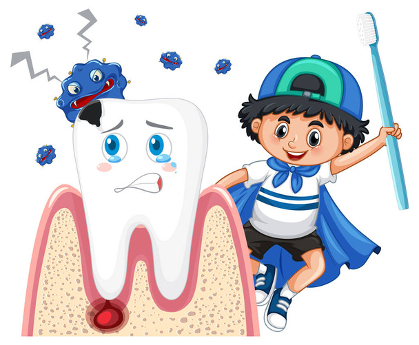 Glückliches Kind beim Zähneputzen und auf Karies auf weißem Hintergrund achten - Vektor, Bild