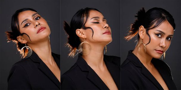 Азіатсько-індійський арабський мікс 20 Жінка виражає себе щасливою, як пози моди з високим складом чорного загорнутого волосся. Зіткнення трьох зображень Жіночого обличчя, знятого на чорному фоні.  - Фото, зображення