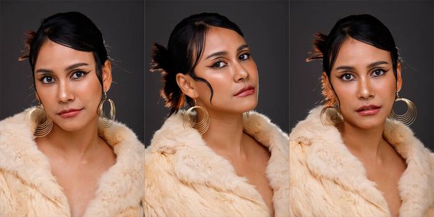 Ασιατική ινδική Αραβική μίξη αγώνα 20s Γυναίκα εκφράζουν αίσθημα χαμόγελο ευτυχισμένη ως πόζες μόδας με υψηλή απαρτίζουν μαύρα τυλιγμένα μαλλιά. Κολάζ τρεις εικόνα του Γυναικείο πρόσωπο πυροβόλησε από κοντά πάνω από σκούρο μαύρο φόντο  - Φωτογραφία, εικόνα