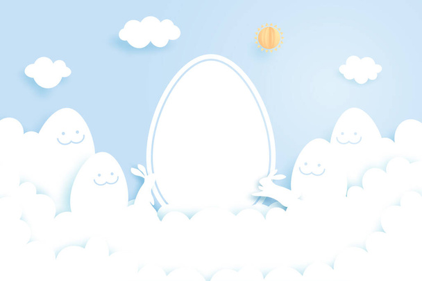 Feliz Pascua background.Paper arte de huevos de Pascua y conejo con forma de nube en el cielo azul background.Banner plantilla design.Vector ilustración. - Vector, imagen