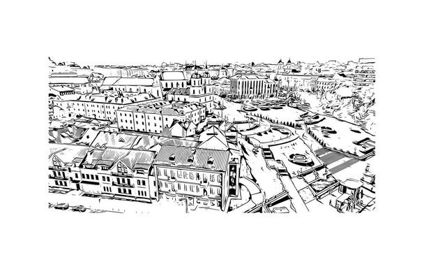 Print Building vista com marco de Minsk é a capital da Bielorrússia. Desenho desenhado à mão ilustração em vetor. - Vetor, Imagem