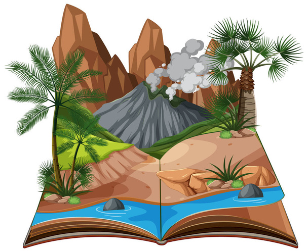 Scene with volcano and river illustration - Vector, Image