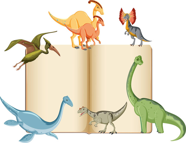 Grupo de dinosaurios alrededor de libro sobre fondo blanco ilustración - Vector, Imagen