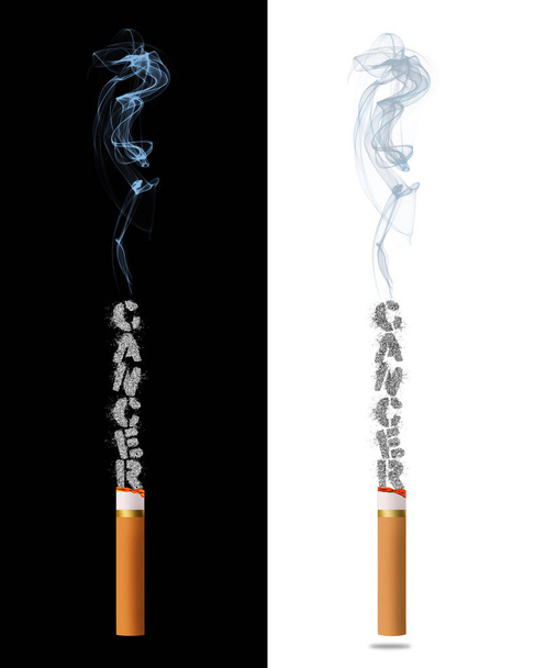 Cenizas en un cigarrillo humeante deletrean la palabra cáncer. Esta es una ilustración en 3-D vista en dos fondos diferentes. - Foto, Imagen