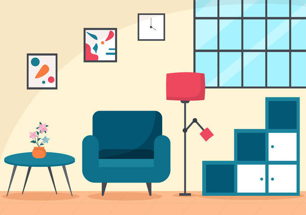 Ilustração do projeto liso da mobília home para que a sala de estar seja confortável como um sofá, uma mesa, um armário, luzes, plantas e enforcamentos de parede - Vetor, Imagem