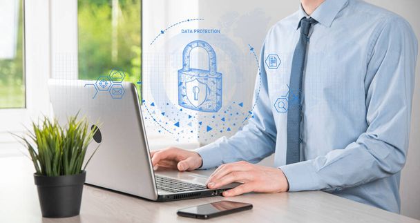 Cyber security network. Padlock icon and internet technology networking. Businessman protecting data personal information on tablet and virtual interface. Data protection privacy concept. GDPR. EU - Photo, Image