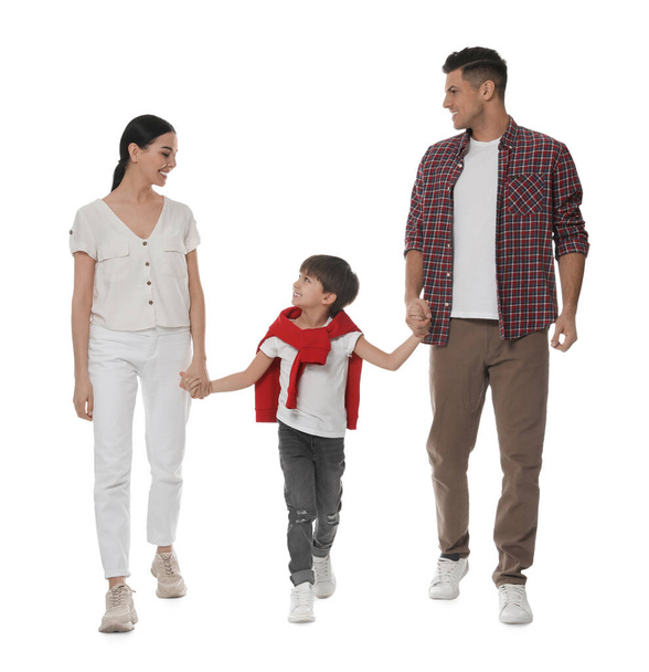 Little boy with his parents together on white background - Foto, imagen