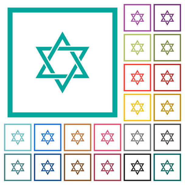 Estrella de David iconos de color plano con marcos de cuadrante sobre fondo blanco - Vector, imagen