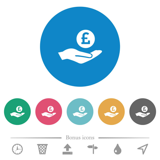 Pound Einkommen flache weiße Symbole auf runden farbigen Hintergründen. 6 Bonussymbole enthalten. - Vektor, Bild