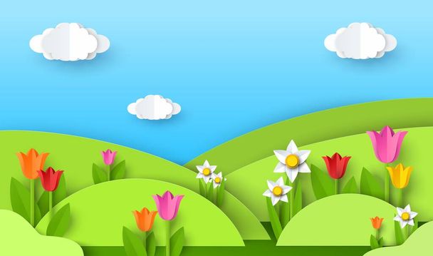 Green grass hills, flowers, blue sky with clouds, vector paper cut illustration. Nature landscape, spring background. - Vettoriali, immagini