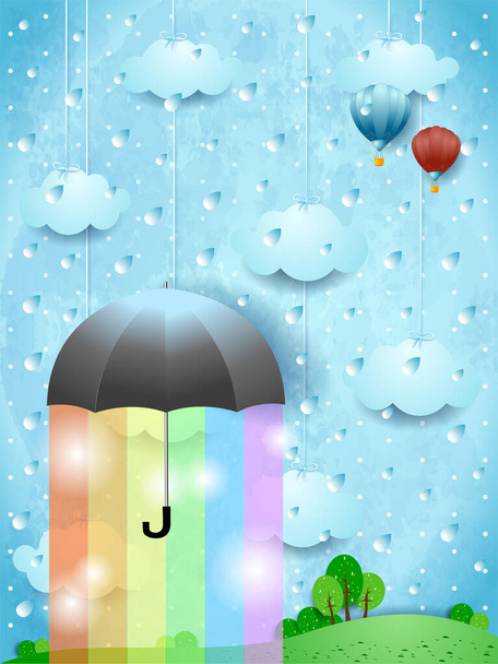 Paesaggio fantastico con ombrello, pioggia e colori arcobaleno. Illustrazione vettoriale eps10 - Vettoriali, immagini