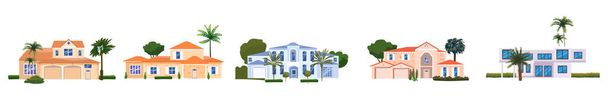 Set Mansion Residential Home Buildings, tropic trees, palms. House exterior facades front view architecture family modern contemporary cottages houses or apartments, villa. Suburban property - Vector, Image
