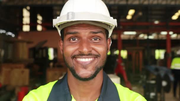 Indiase mannelijke ingenieur, industrieel werker, professionele man, zeer zeker met commerciële robotica fabriek werk, glimlacht gelukkig en draagt helm en veiligheid kleding. - Video