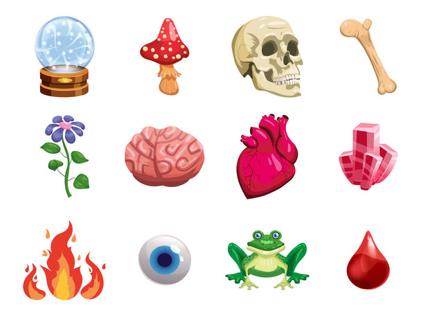 Μαγεία σετ μαγικό αντικείμενο scull, καρδιά, κρύσταλλο, μπάλα, μάτι, τριφύλλι, μανιτάρι, εγκέφαλος, βάτραχος. Εικονογράφηση διάνυσμα στυλ κινουμένων σχεδίων - Διάνυσμα, εικόνα