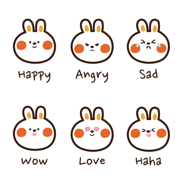 Baby konijn gezicht gevoel ingesteld. Emoji konijnenverzameling. Sticker cartoon ontwerp. Schattig konijnenicoon. Een dierenkrabbel. Handgetekend. Vector. Illustratie. - Vector, afbeelding