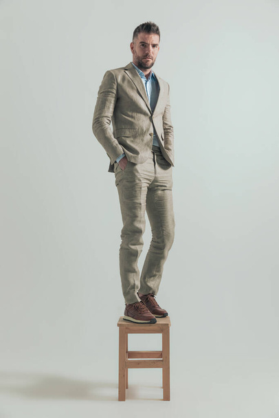 full body picture of handsome man in his forties standing on wooden chair and confidently posing with hands in pockets in front of grey background - Foto, Imagem