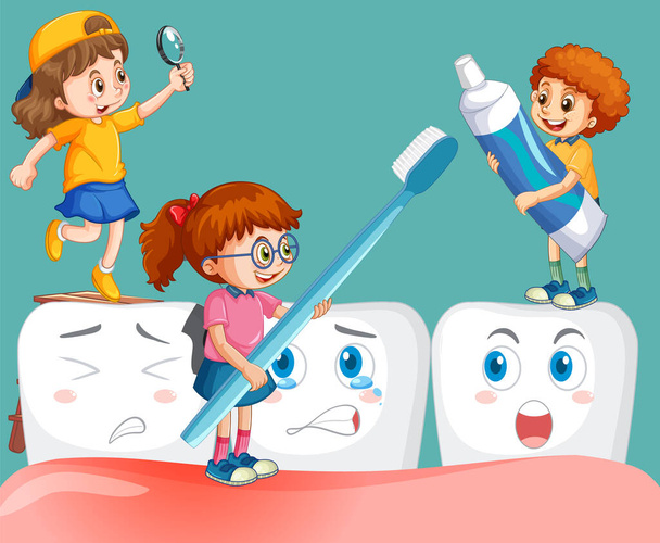 Niños felices sosteniendo equipo de limpieza dental con dentista sobre fondo verde ilustración - Vector, imagen