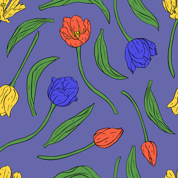 Vintage seamless pattern with red and yellow line art tulips flowers and leaves on blue - Vector, Imagen