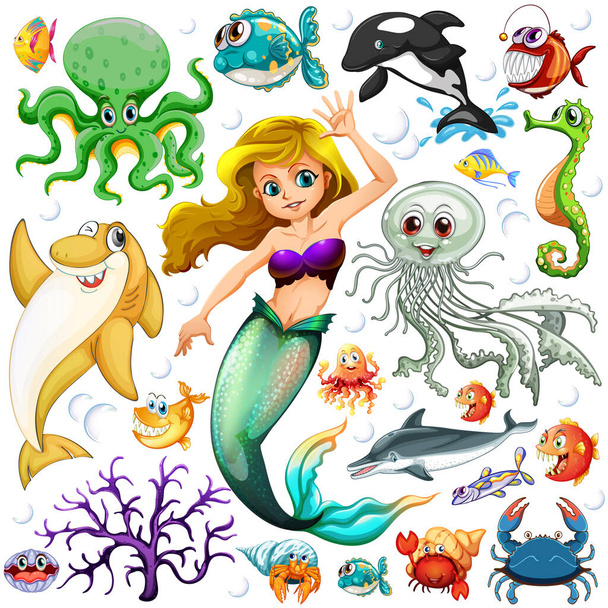 Different types of sea animals illustration - Vector, Image