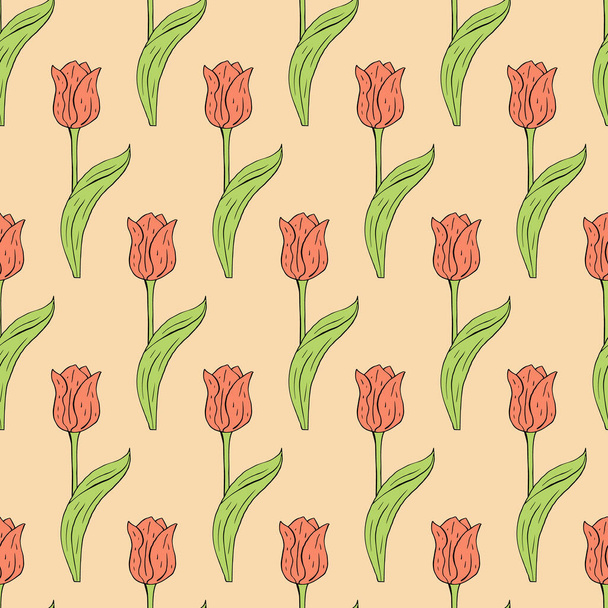 Vintage seamless pattern with pink tulips flowers and leaves on beige - Vector, imagen