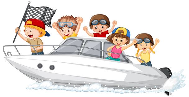 Счастливые дети на катере на белом фоне иллюстрации - Вектор,изображение