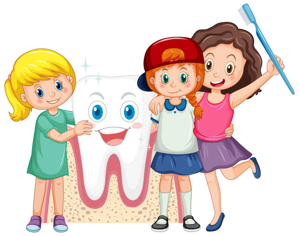 Glückliche Kinder halten Zahnbürste und umarmen großen Zahn auf weißem Hintergrund Illustration - Vektor, Bild