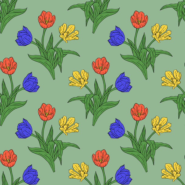 Vintage seamless pattern with red and yellow line art tulips flowers and leaves on green - Vector, imagen