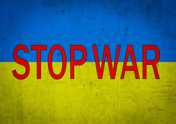 Detener la guerra y detener el putín, bandera de Ucrania con inscripción detener la guerra en Ucrania de pie sobre fondo azul-amarillo. No hay guerra, detener la guerra, agresión rusa. Detener putin - Foto, imagen