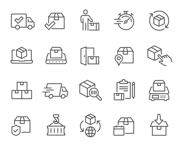 Delivery of Goods icons set. Such as Parcels, Courier, Door Delivery, Fast, Track Parcel, Parcel Management, Conveyor Belt, Weighing, Worldwide, Unloading and Dispatching, and others. Editable vector  - Vector, Image