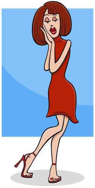Cartoon illustration of beautiful young woman character in red dress - Vector, imagen