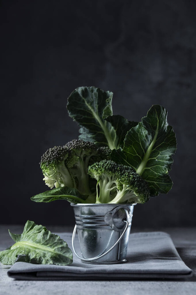 Fresh raw broccoli in bucket. Dark mood, moon light food style. Space for text - Photo, Image